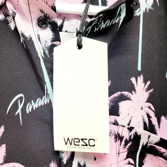Wesc Mens Black Pink Palm Tree Print ButtonUp Shirt Short Sleeve Lightweight S - Picture 8 of 10